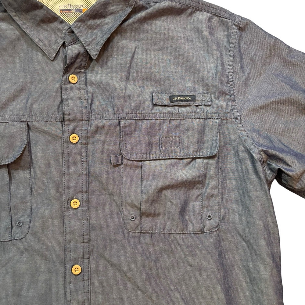 G H Bass Fishing Shirt Sz XL Blue Rod Holder Utility Pockets Short Sleeve Vented - Picture 2 of 9